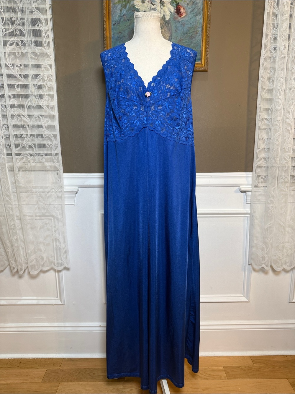 Y2K Amoureuse 2X Cobalt Blue Lace Satin Maxi Slip Nightgown